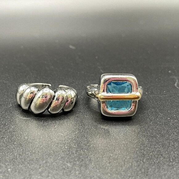 TWO RING SET Adjustable Silver Tone Faux Blue Zircon and Wrap Rings (#1367) - Picture 2 of 16